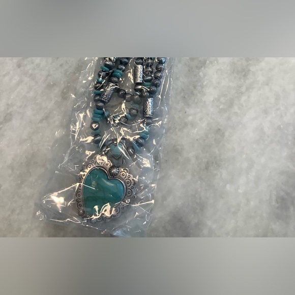 Natural stone heart accented triple layered statement necklace with earring set - Picture 2 of 4